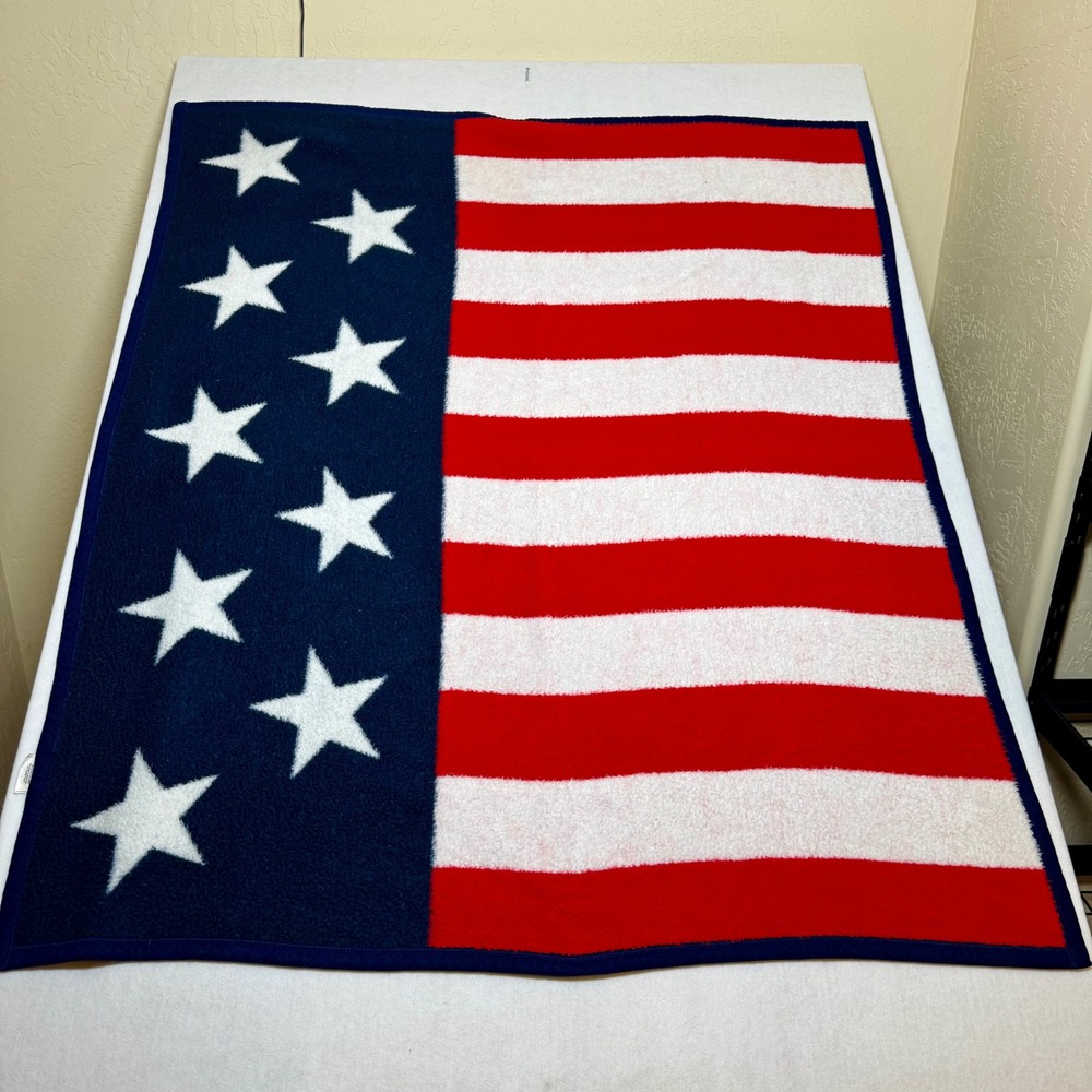 Vintage Biederlack American Flag Fleece Blanket Stars Stripes USA Made